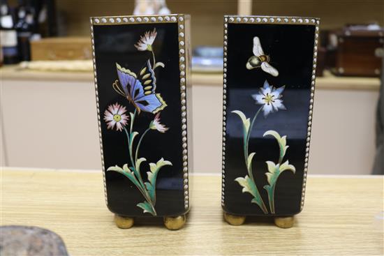 A pair of late 19th century Bohemian enamelled glass square vases, possibly Moser, and some counters height 20cm